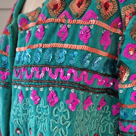 NWT Ruby Yaya Cotton Velvet Beaded Sequin Jacket Teal Boho Glam Large - Picture 4 of 12